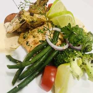 Grilled Atlantic Salmon & Prawns with Vegetables