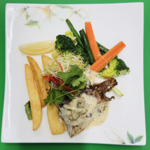 Grilled Fish with Vegs, Chips & Caper Sauce