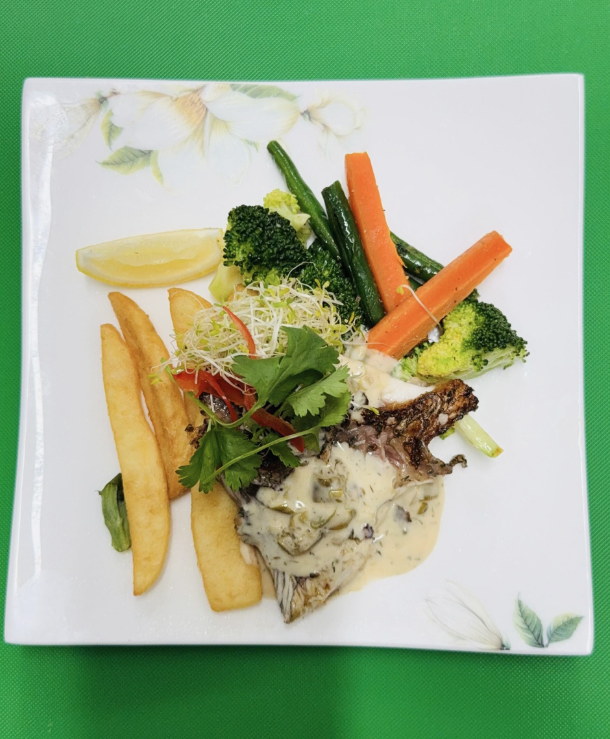 Grilled Fish with Vegetables, Chips & Caper Sauce